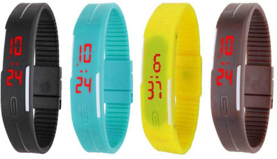 

NS18 Silicone Led Magnet Band Combo of 4 Black, Sky Blue, Yellow And Brown Watch - For Boys & Girls