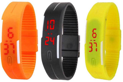 

NS18 Silicone Led Magnet Band Combo of 3 Orange, Black And Yellow Watch - For Boys & Girls