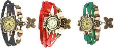 

Kissu Vintage Rakhi Watch Combo of 3 Black, Red And Green Watch - For Women