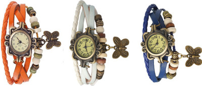 

Kissu Vintage Rakhi Watch Combo of 3 Orange, White And Blue Watch - For Women