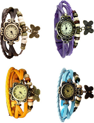

Kissu Vintage Rakhi Combo of 4 Brown, Yellow, Purple And Sky Blue Watch - For Women