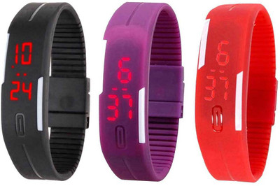 

NS18 Silicone Led Magnet Band Combo of 3 Black, Purple And Red Watch - For Boys & Girls