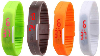 

NS18 Silicone Led Magnet Band Combo of 4 Green, Brown, Orange And White Watch - For Boys & Girls
