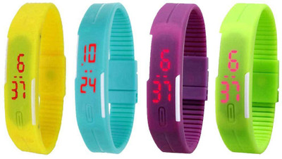 

NS18 Silicone Led Magnet Band Combo of 4 Yellow, Sky Blue, Purple And Green Watch - For Boys & Girls