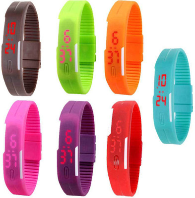 

NS18 Silicone Led Magnet Band Combo of 7 Brown, Green, Orange, Pink, Purple, Red And Sky Blue Watch - For Boys & Girls