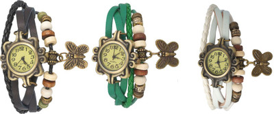 

NS18 Vintage Butterfly Rakhi Watch Combo of 3 Black, Green And White Watch - For Women