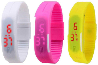 

NS18 Silicone Led Magnet Band Combo of 3 White, Pink And Yellow Watch - For Boys & Girls