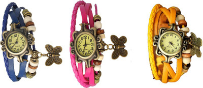

NS18 Vintage Butterfly Rakhi Combo of 3 Blue, Pink And Yellow Watch - For Women