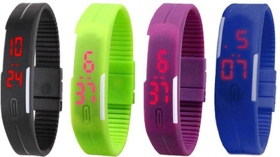 

NS18 Silicone Led Magnet Band Combo of 4 Black, Green, Purple And Blue Watch - For Boys & Girls