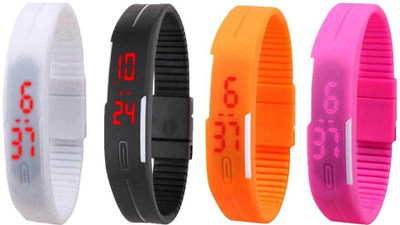 

NS18 Silicone Led Magnet Band Combo of 4 Yellow, Black, Orange And Pink Watch - For Boys & Girls