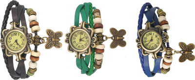 

Kissu Vintage Rakhi Watch Combo of 3 Black, Green And Blue Watch - For Women