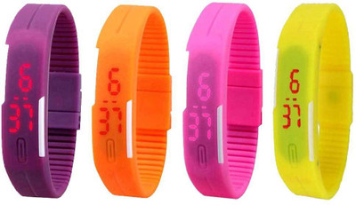 Kissu Led Magnet Band Combo of 4 Purple, Orange, Pink And Yellow Watch - For Men & Women