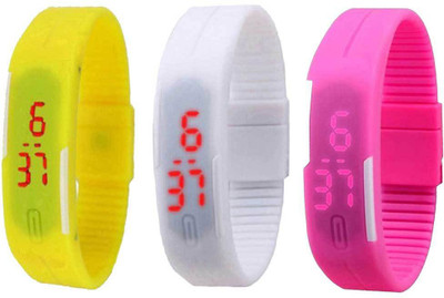 

NS18 Silicone Led Magnet Band Combo of 3 Yellow, White And Pink Watch - For Boys & Girls