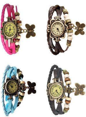 

NS18 Vintage Butterfly Rakhi Combo of 4 Pink, Sky Blue, Brown And Black Watch - For Women