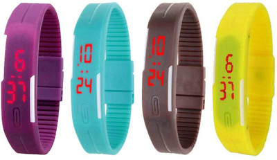 

NS18 Silicone Led Magnet Band Combo of 4 Purple, Sky Blue, Brown And Yellow Watch - For Boys & Girls