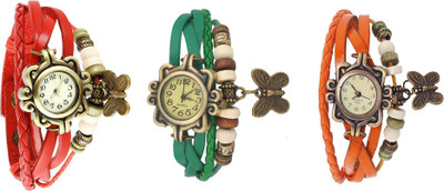 

NS18 Vintage Butterfly Rakhi Watch Combo of 3 Red, Green And Orange Watch - For Women