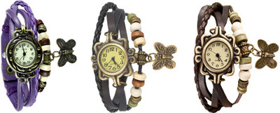 

NS18 Vintage Butterfly Rakhi Watch Combo of 3 Purple, Black And Brown Watch - For Women