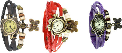 

NS18 Vintage Butterfly Rakhi Watch Combo of 3 Black, Red And Purple Watch - For Women