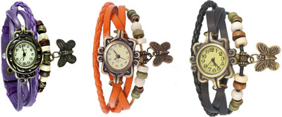 

NS18 Vintage Butterfly Rakhi Watch Combo of 3 Purple, Orange And Black Watch - For Women