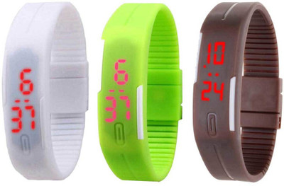 

NS18 Silicone Led Magnet Band Combo of 3 White, Green And Brown Watch - For Boys & Girls