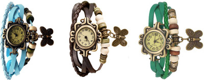 

Kissu Vintage Rakhi Watch Combo of 3 Sky Blue, Brown And Green Watch - For Women