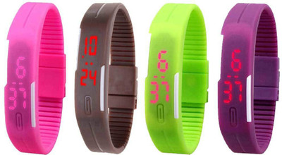 Kissu Led Magnet Band Combo of 4 Pink, Brown, Green And Purple Watch - For Men & Women