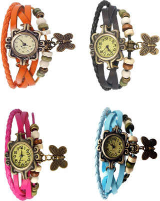 

Kissu Vintage Rakhi Combo of 4 Orange, Pink, Black And Sky Blue Watch - For Women