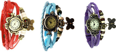 

NS18 Vintage Butterfly Rakhi Watch Combo of 3 Red, Sky Blue And Purple Watch - For Women