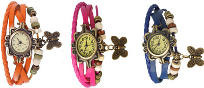 

NS18 Vintage Butterfly Rakhi Watch Combo of 3 Orange, Pink And Blue Watch - For Women