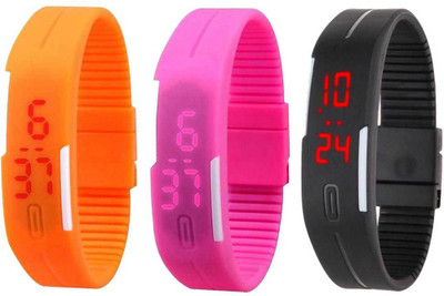 NS18 Silicone Led Magnet Band Combo of 3 Orange, Pink And Black Watch - For Boys & Girls