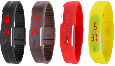 

NS18 Silicone Led Magnet Band Combo of 4 Black, Brown, Red And Yellow Watch - For Boys & Girls