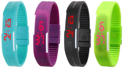 

NS18 Silicone Led Magnet Band Combo of 4 Sky Blue, Purple, Black And Green Watch - For Boys & Girls