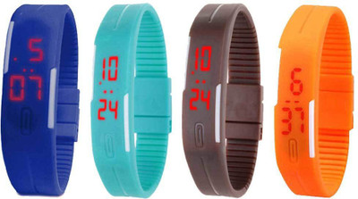 

NS18 Silicone Led Magnet Band Combo of 4 Blue, Sky Blue, Brown And Orange Watch - For Boys & Girls