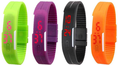 

NS18 Silicone Led Magnet Band Combo of 4 Green, Purple, Black And Orange Watch - For Boys & Girls