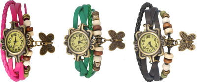

NS18 Vintage Butterfly Rakhi Watch Combo of 3 Pink, Green And Black Watch - For Women