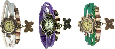 

NS18 Vintage Butterfly Rakhi Watch Combo of 3 White, Purple And Green Watch - For Women