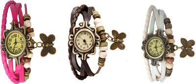 

NS18 Vintage Butterfly Rakhi Watch Combo of 3 Pink, Brown And White Watch - For Women