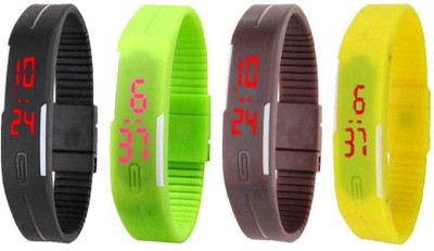 

NS18 Silicone Led Magnet Band Combo of 4 Black, Green, Brown And Yellow Watch - For Boys & Girls