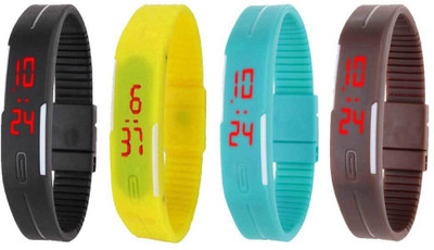 

NS18 Silicone Led Magnet Band Combo of 4 Black, Yellow, Sky Blue And Brown Watch - For Boys & Girls