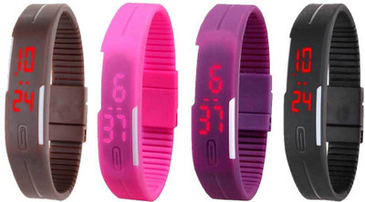 

NS18 Silicone Led Magnet Band Combo of 4 Brown, Pink, Purple And Black Watch - For Boys & Girls