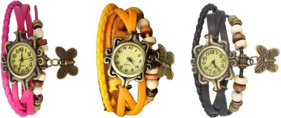 NS18 Vintage Butterfly Rakhi Watch Combo of 3 Pink, Yellow And Black Analog Watch  - For Women   Watches  (NS18)