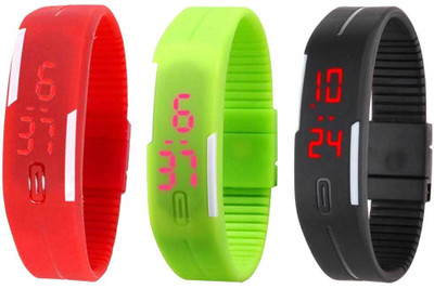 

NS18 Silicone Led Magnet Band Combo of 3 Red, Green And Black Watch - For Boys & Girls