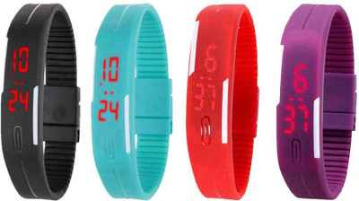 

Kissu Led Magnet Band Combo of 4 Black, Sky Blue, Red And Purple Watch - For Men & Women