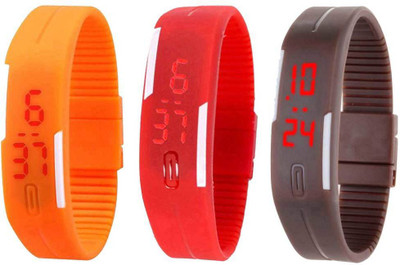 

NS18 Silicone Led Magnet Band Combo of 3 Orange, Red And Brown Watch - For Boys & Girls
