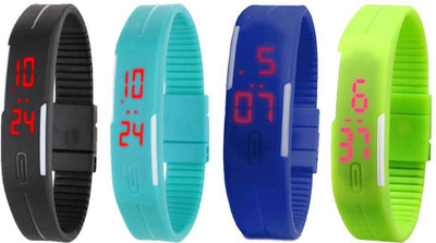Kissu Led Magnet Band Combo of 4 Black, Sky Blue, Blue And Green Watch - For Men & Women