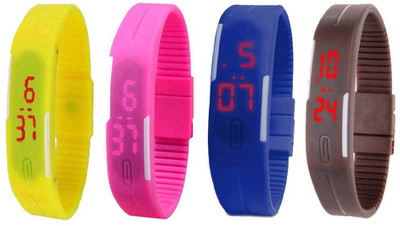 Kissu Led Magnet Band Combo of 4 Yellow, Pink, Blue And Brown Watch - For Men & Women