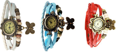 

Kissu Vintage Rakhi Watch Combo of 3 White, Sky Blue And Red Watch - For Women