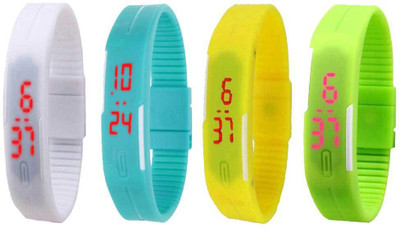 

NS18 Silicone Led Magnet Band Combo of 4 White, Sky Blue, Yellow And Green Watch - For Boys & Girls