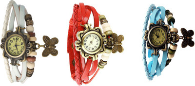 

Kissu Vintage Rakhi Watch Combo of 3 White, Red And Sky Blue Watch - For Women