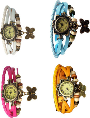 

Kissu Vintage Rakhi Combo of 4 White, Pink, Sky Blue And Yellow Watch - For Women